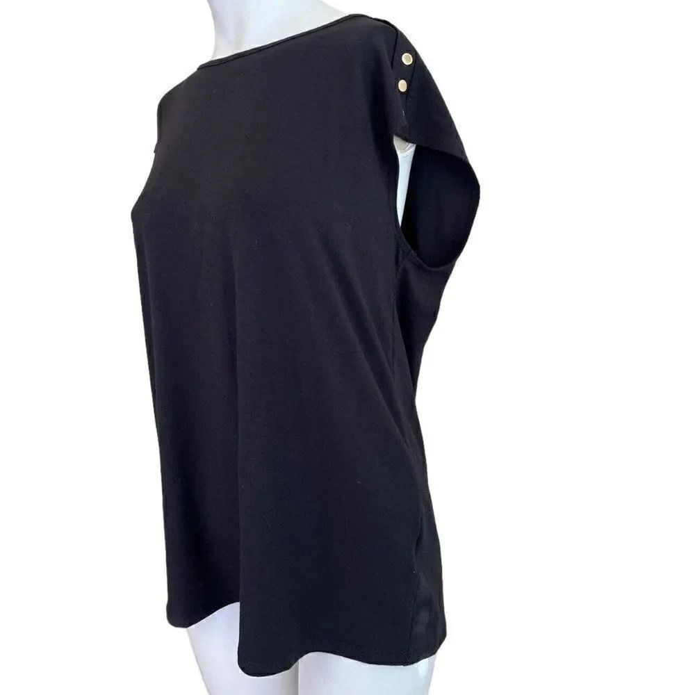 H Halston Women's M Gold Snap Detail Sleeveless Top Black NWT Pullover $69 MSRP